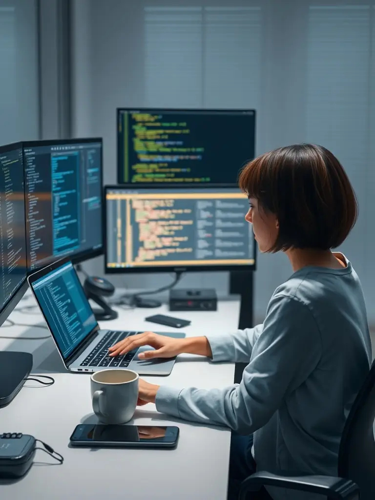 A focused student coding diligently at a modern desk, surrounded by multiple monitors displaying React and Next.js code, in a well-lit, collaborative workspace.