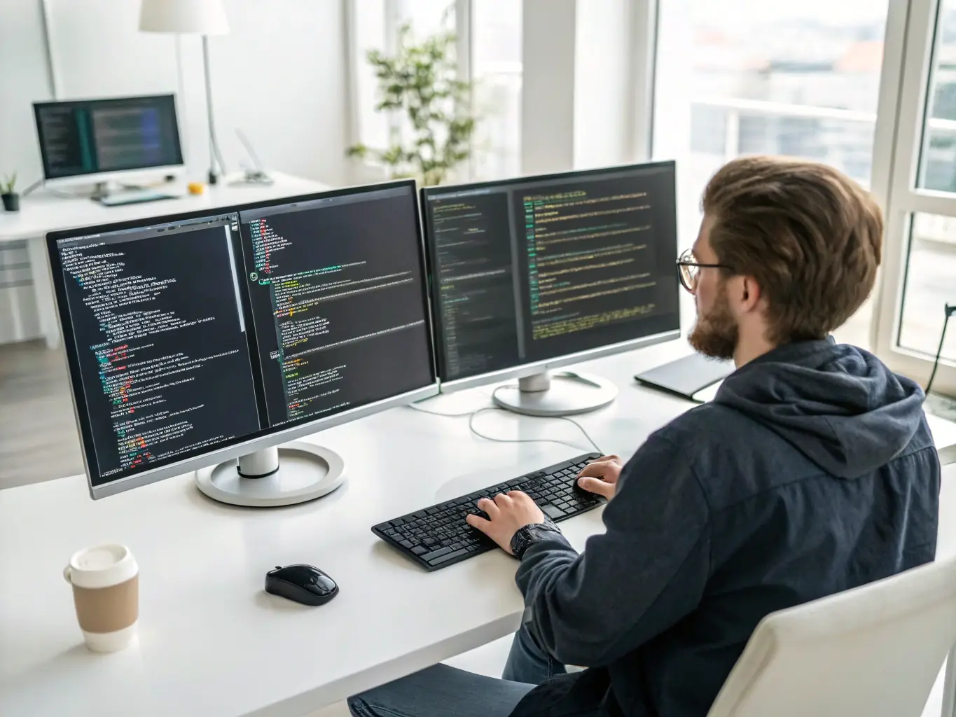 A developer working on a React component in a modern, minimalist workspace, with multiple monitors displaying code and design elements. The image should convey a sense of innovation and focus.