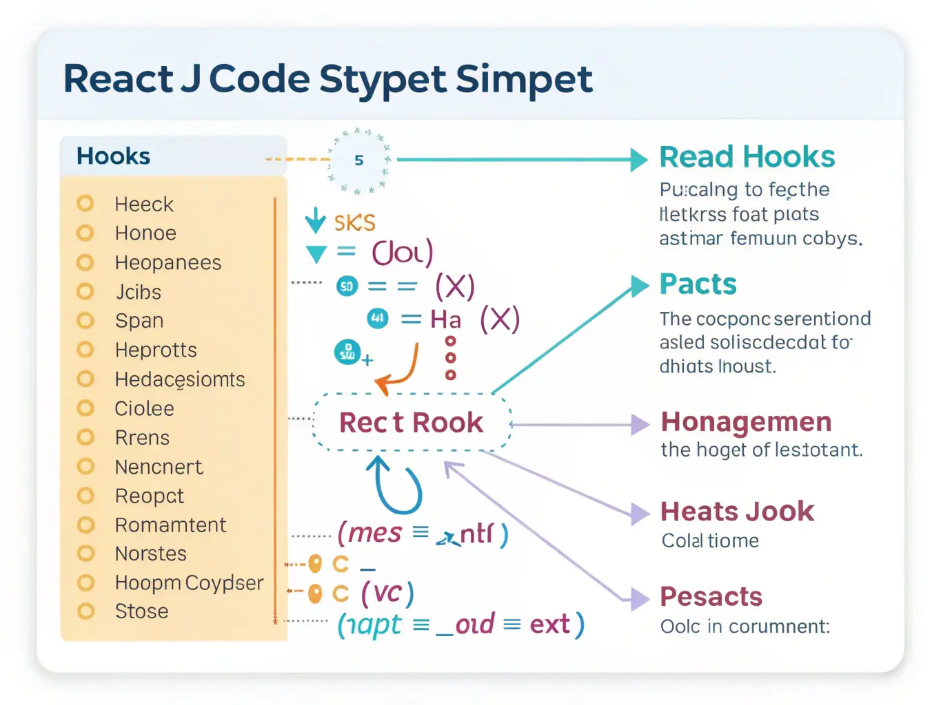 An abstract representation of React Hooks, visually demonstrating their flexibility and power in managing state and side effects. The image should be colorful and engaging.